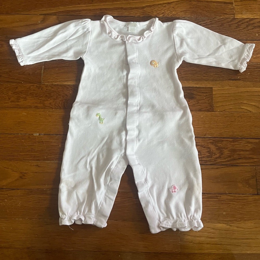 Kissy Kissy brand onesie. Light pink & white stripe (very faint) size 6-9 months